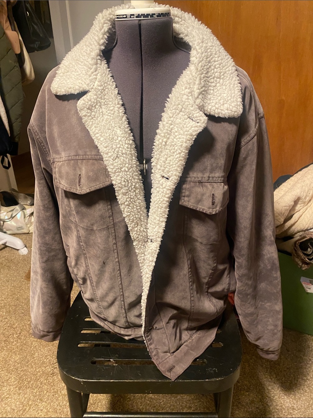 Men's Taupe Suede-Look Sherpa Lined Bomber Jacket